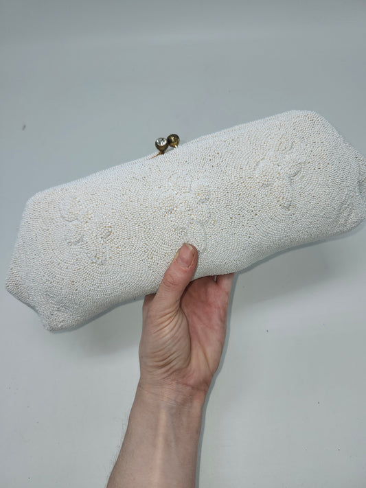-Oval-Shaped- 1930s Art Deco White Beaded Oval Clutch / Evening Bag