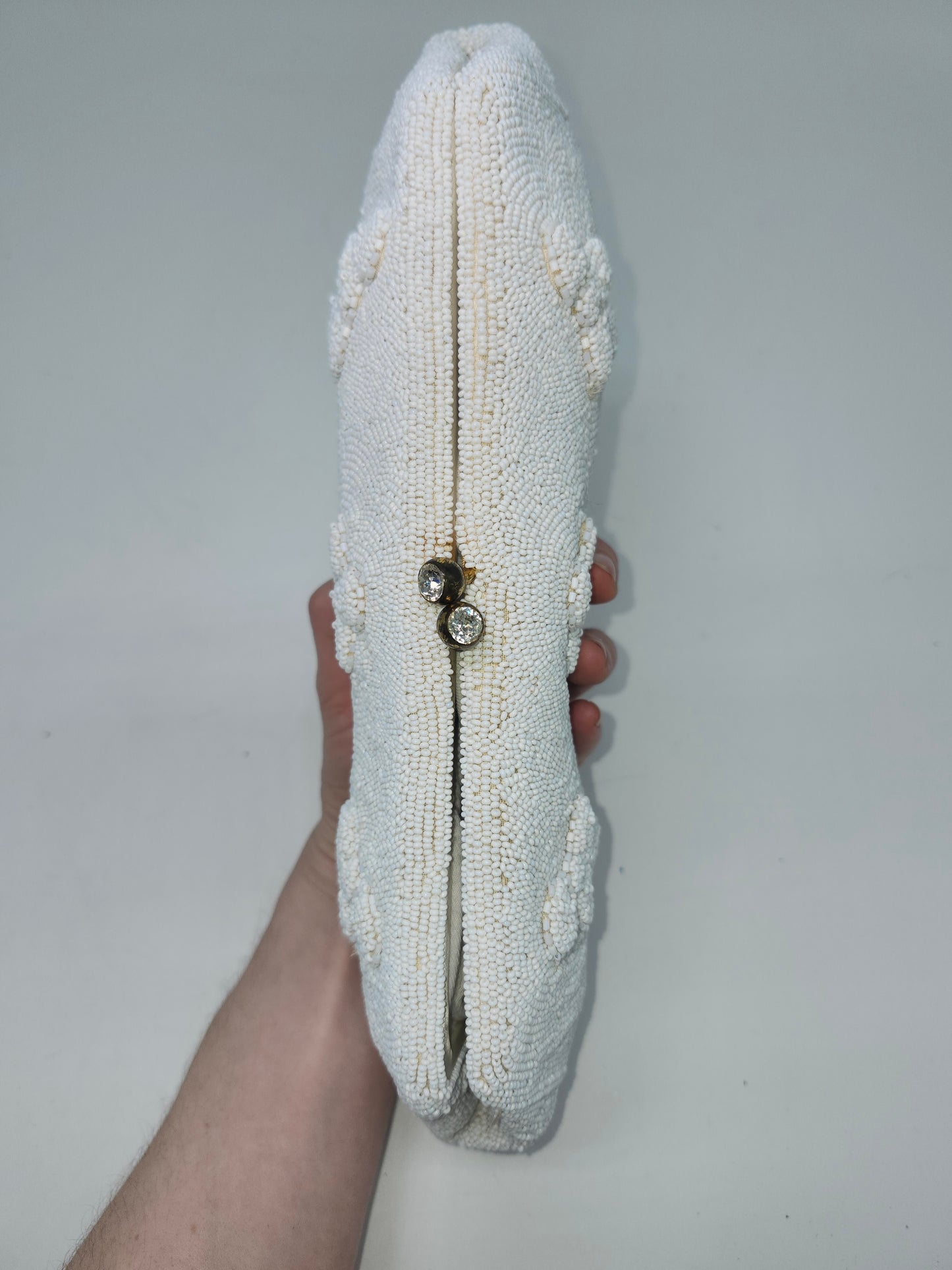 -Oval-Shaped- 1930s Art Deco White Beaded Oval Clutch / Evening Bag