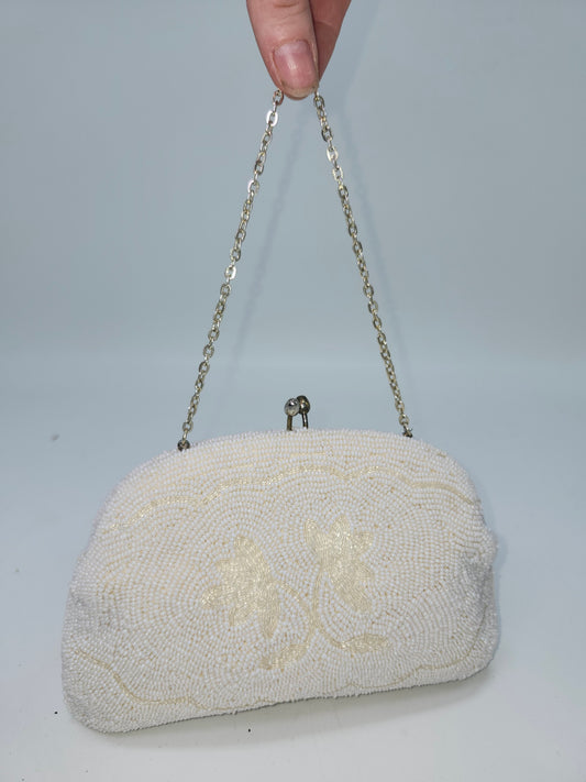 *Mid-Century* Hand Beaded White Clutch / Evening Bag