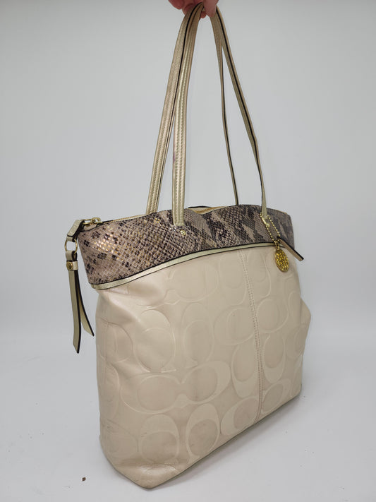 *Coach* "Laura" Totebag in Signature Cream with Snakeskin Trim