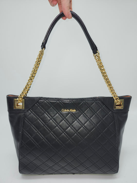 *Calvin Klein* Black Quilted Lamb Leather Shoulder Bag w/ Chain Straps