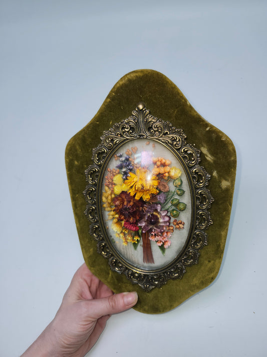 *Vintage* Dried Floral Bouquet in Ornate Brass Frame with Green Velvet Back