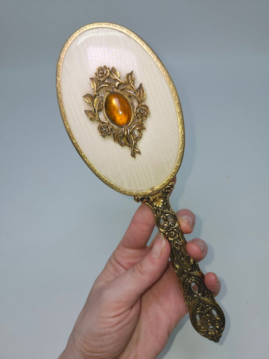 *Vintage* Hollywood Regency Brass Hairbrush with Amber Cabachon