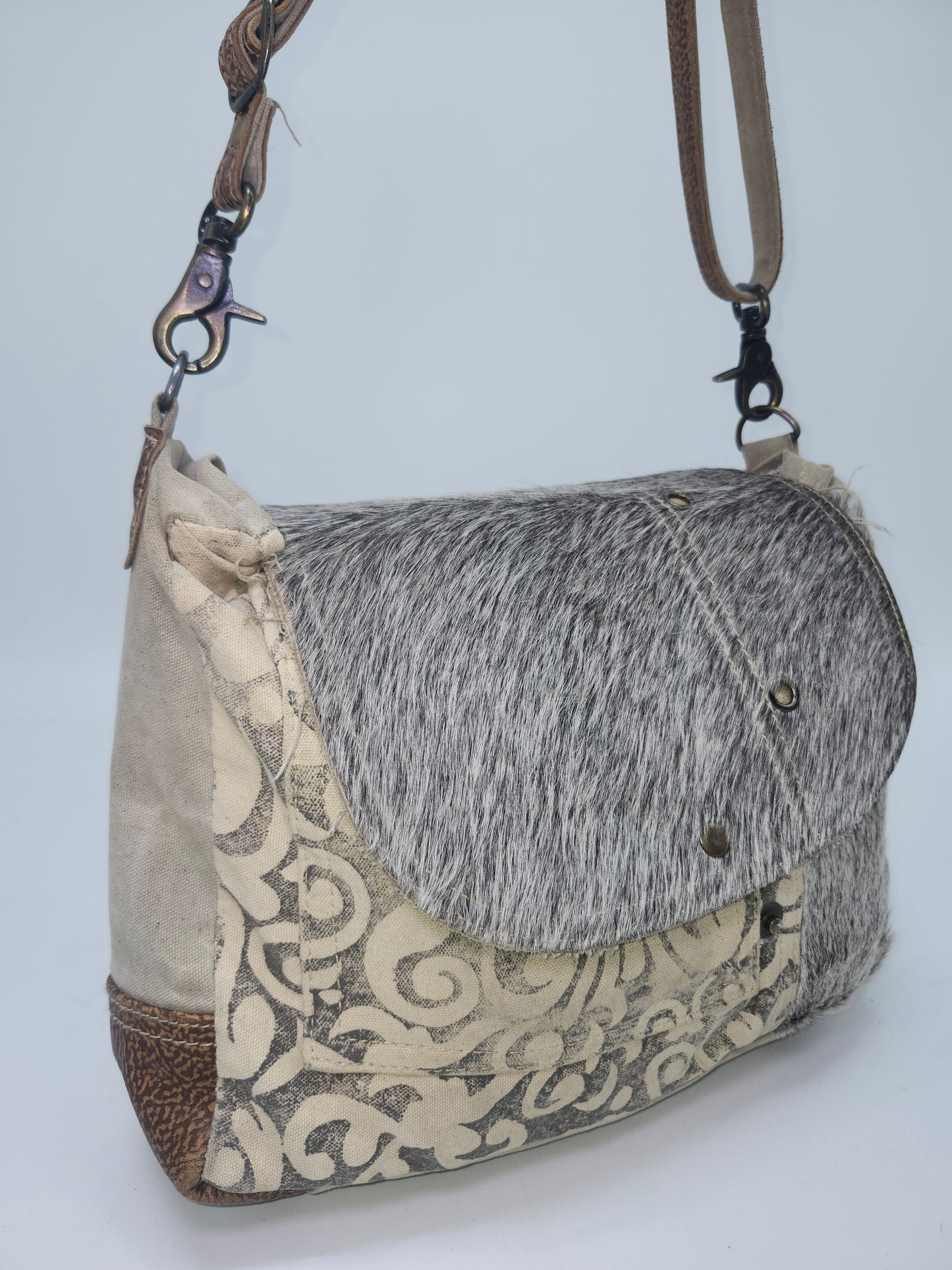 Myra Bag Y2K Cowhide Messenger Bag on Swirl Canvas