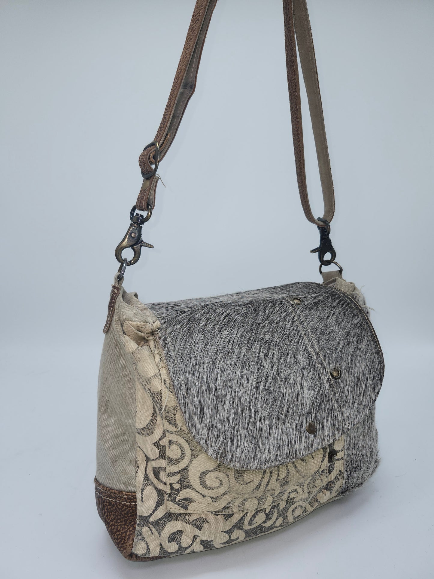 Myra Bag Y2K Cowhide Messenger Bag on Swirl Canvas