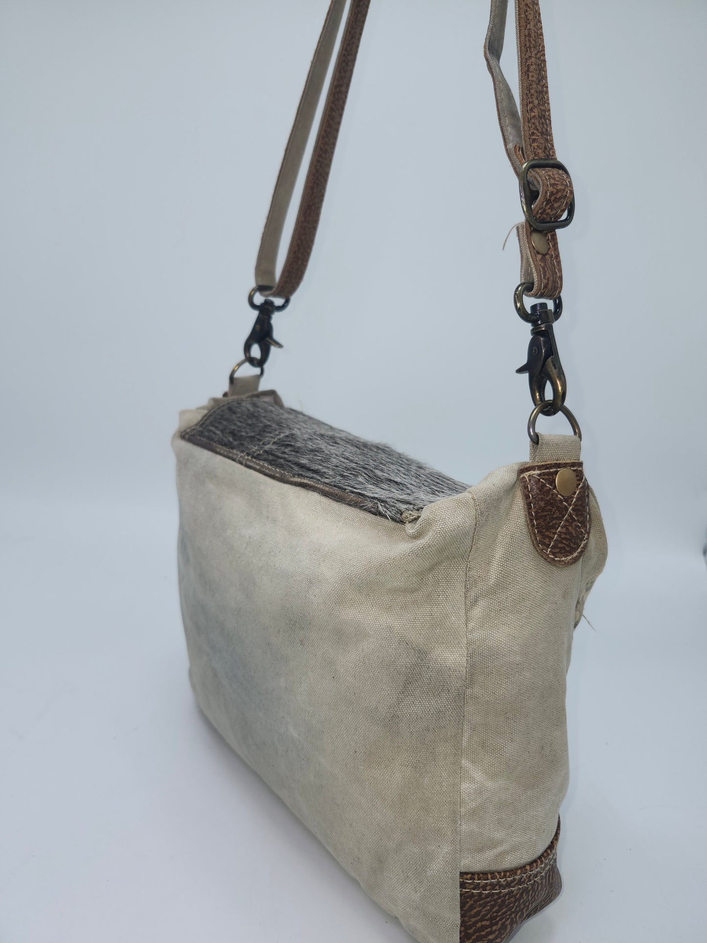Myra Bag Y2K Cowhide Messenger Bag on Swirl Canvas