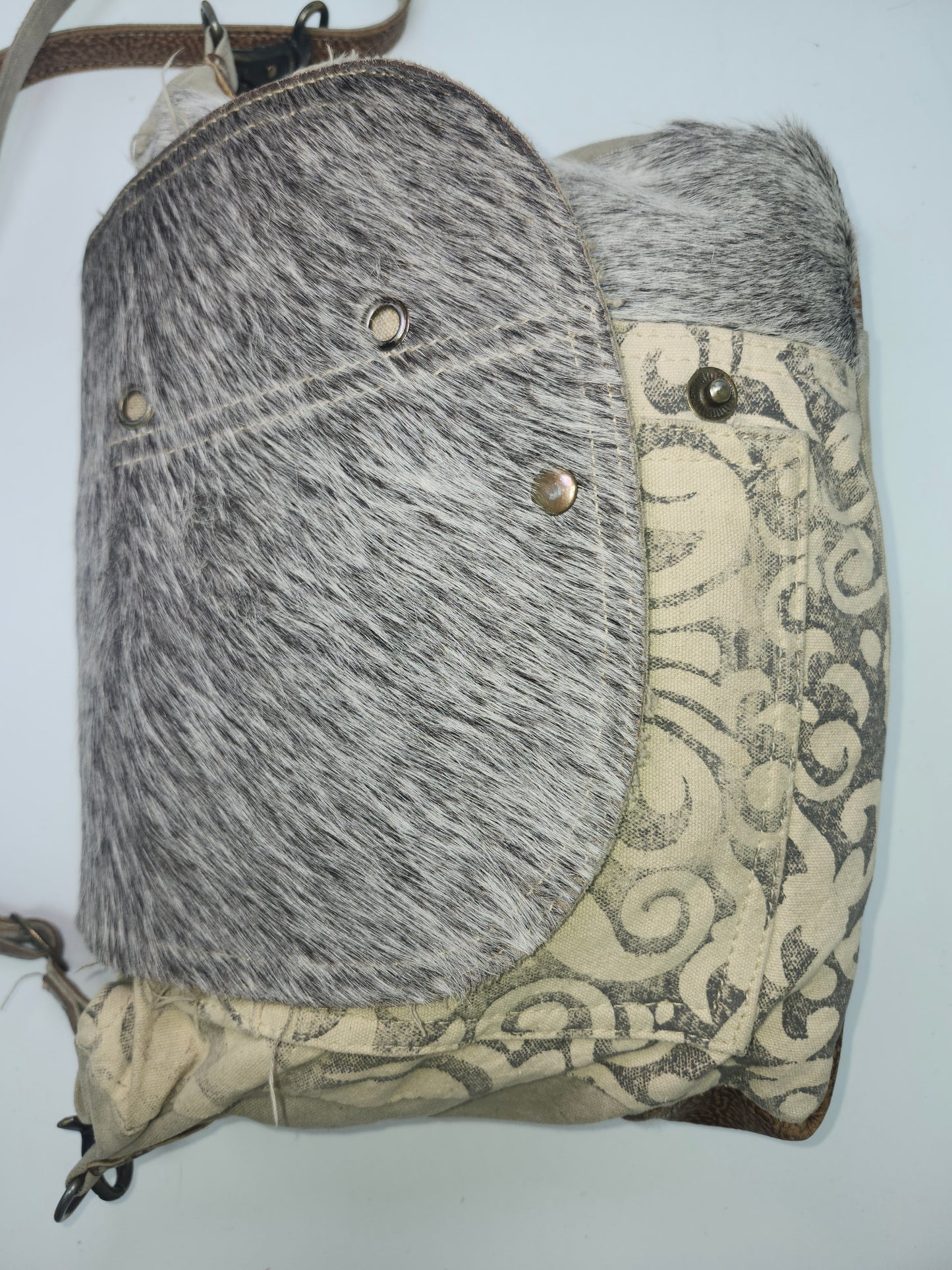 Myra Bag Y2K Cowhide Messenger Bag on Swirl Canvas