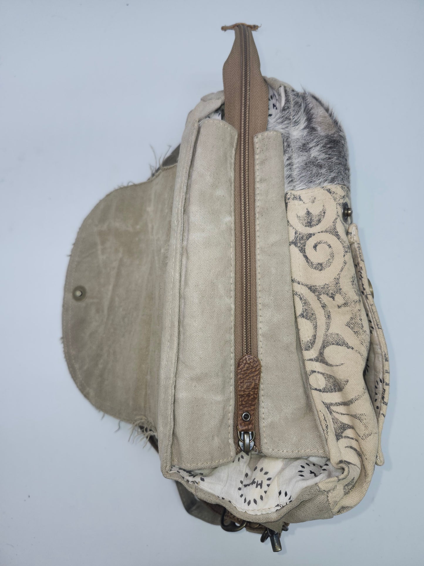 Myra Bag Y2K Cowhide Messenger Bag on Swirl Canvas