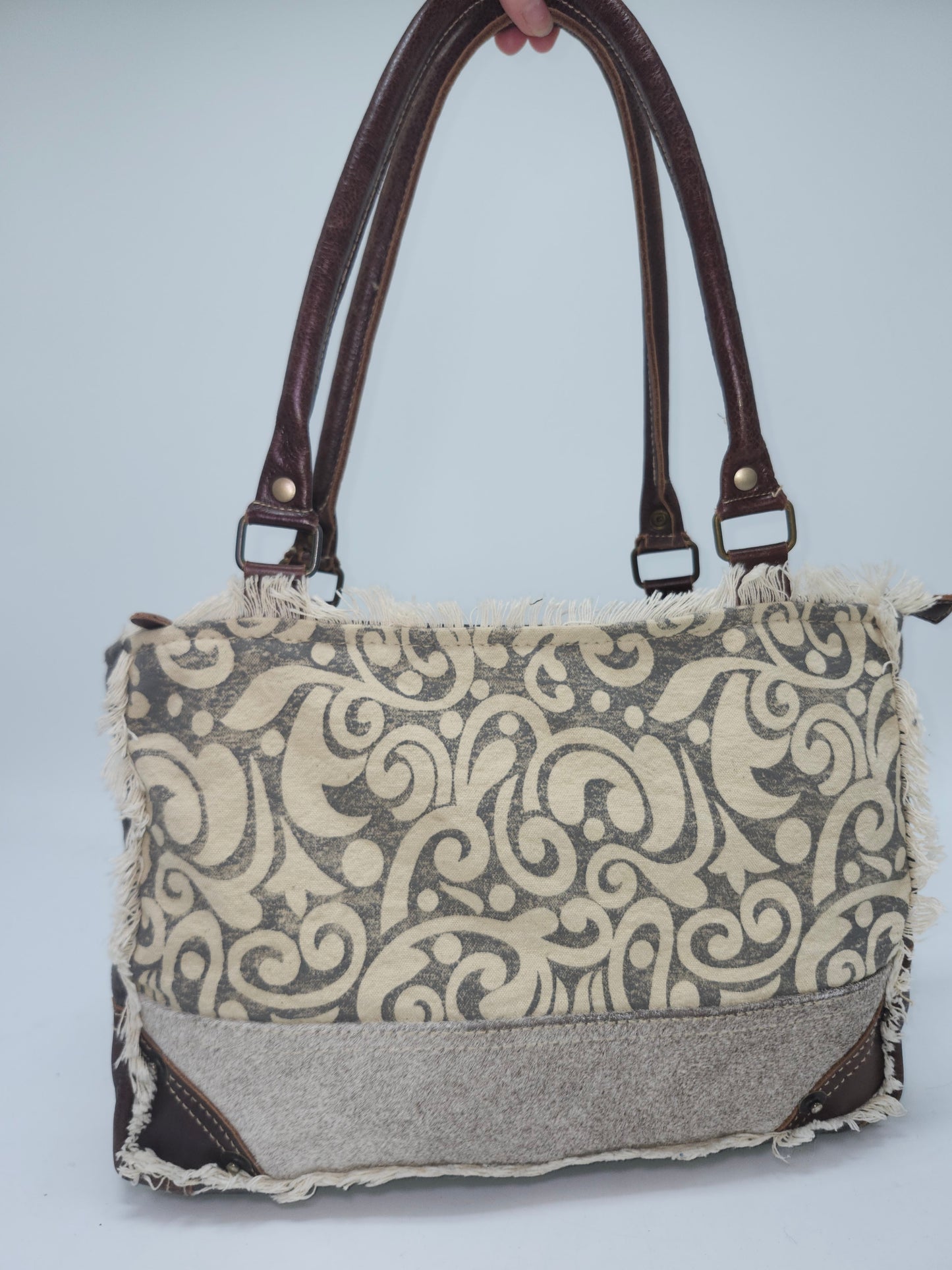 Myra Bag Y2K Dual Strap Cowhide & Upcycled Canvas Purse