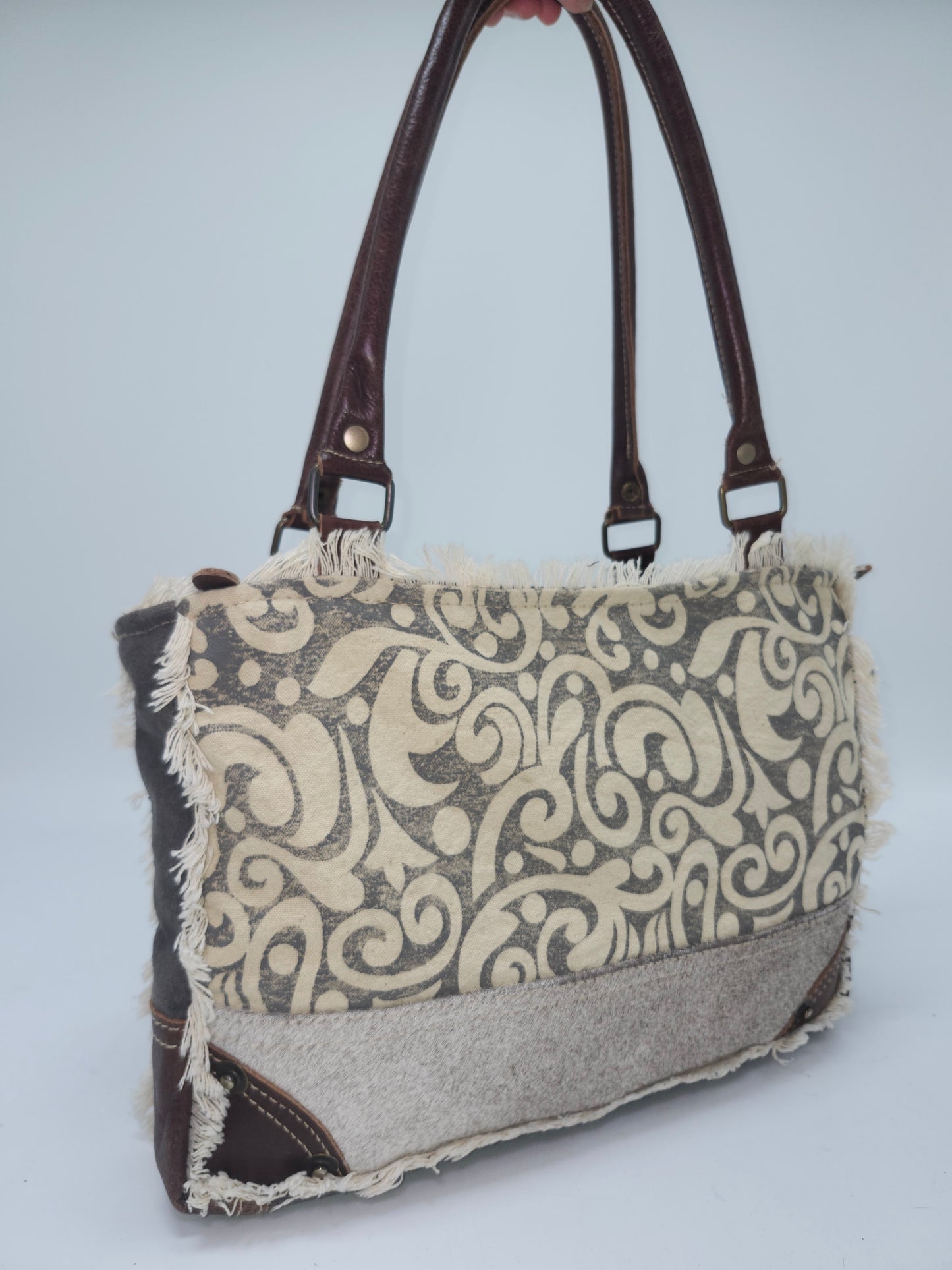 Myra Bag Y2K Dual Strap Cowhide & Upcycled Canvas Purse