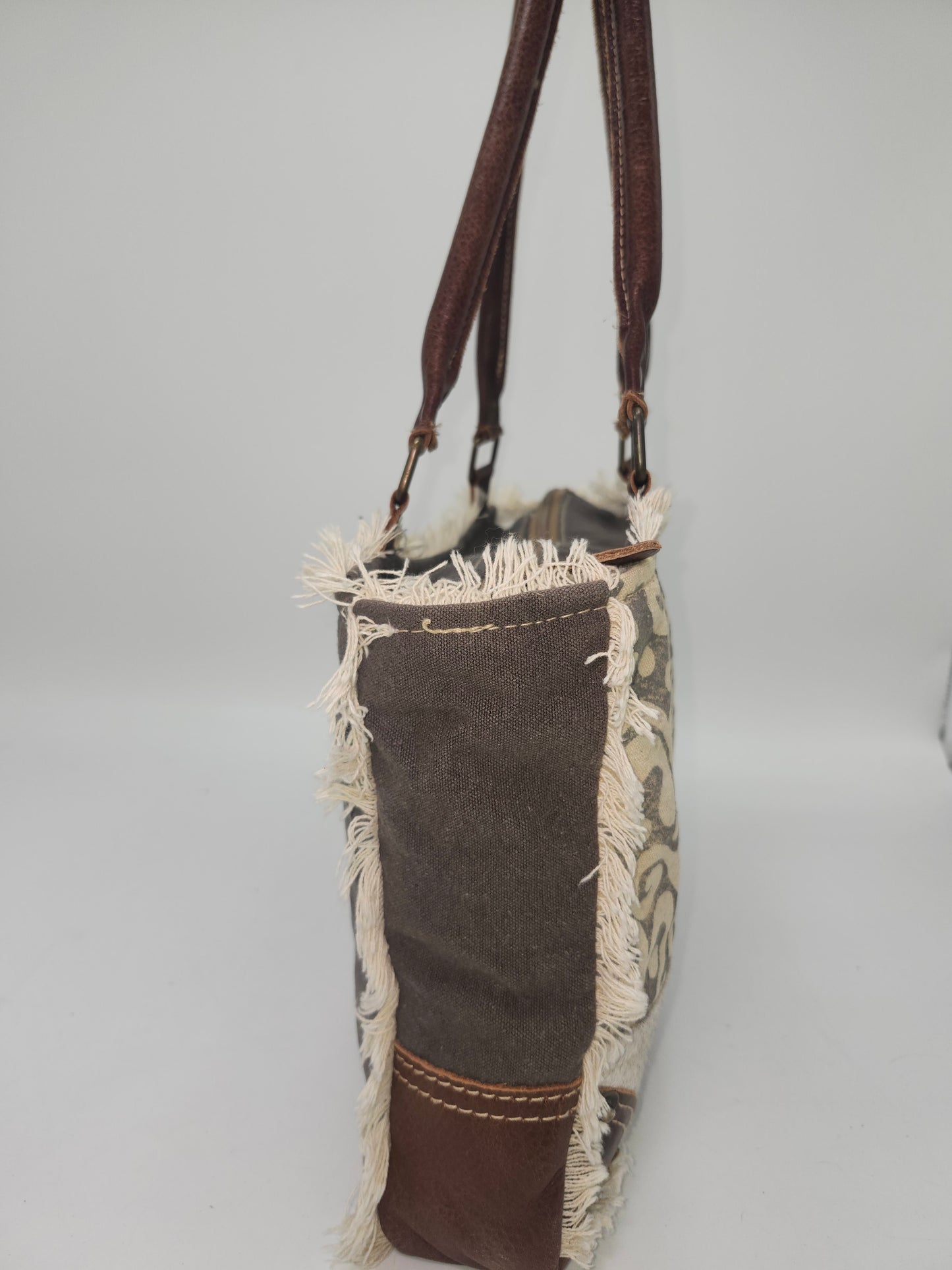 Myra Bag Y2K Dual Strap Cowhide & Upcycled Canvas Purse