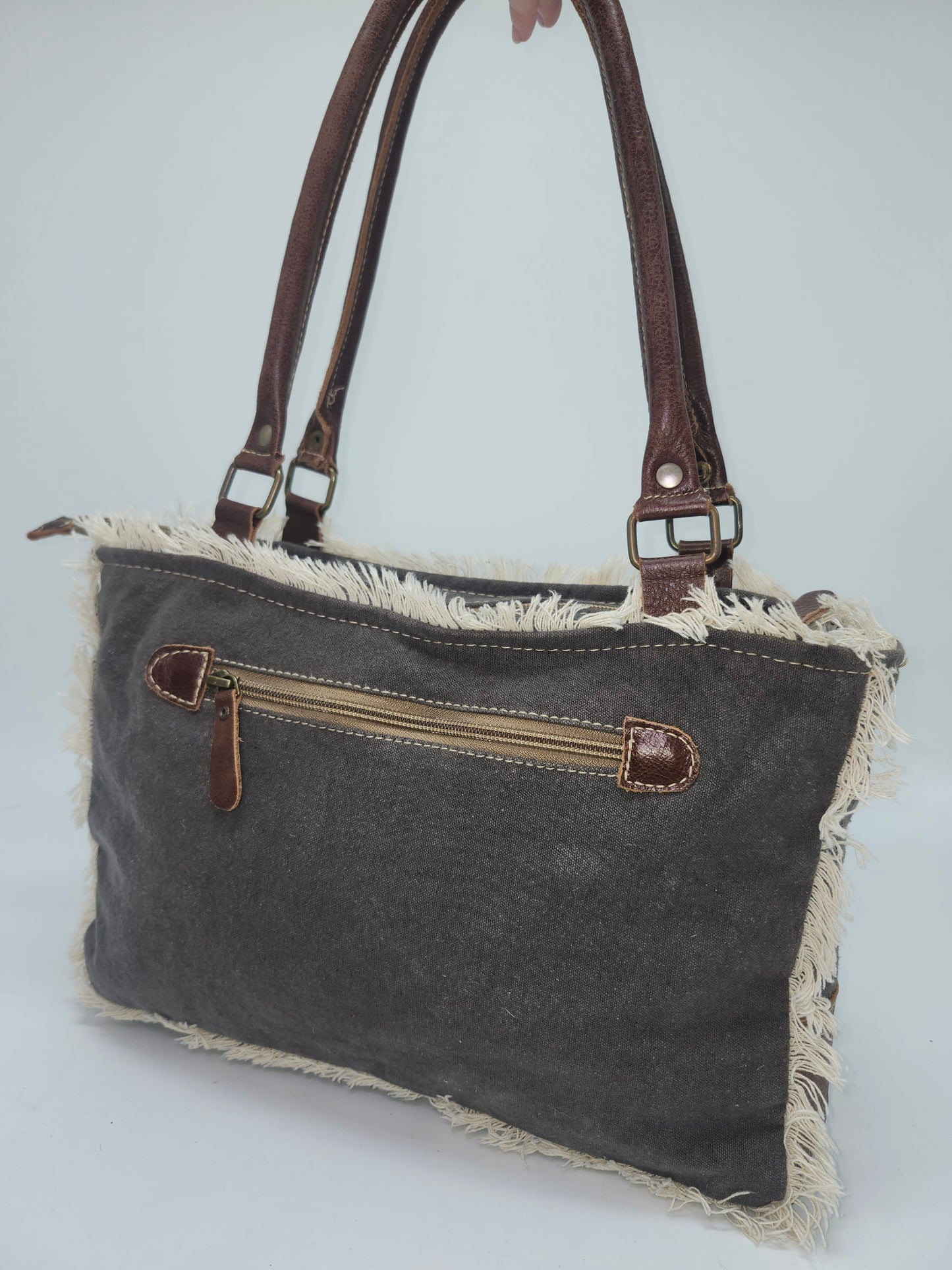 Myra Bag Y2K Dual Strap Cowhide & Upcycled Canvas Purse