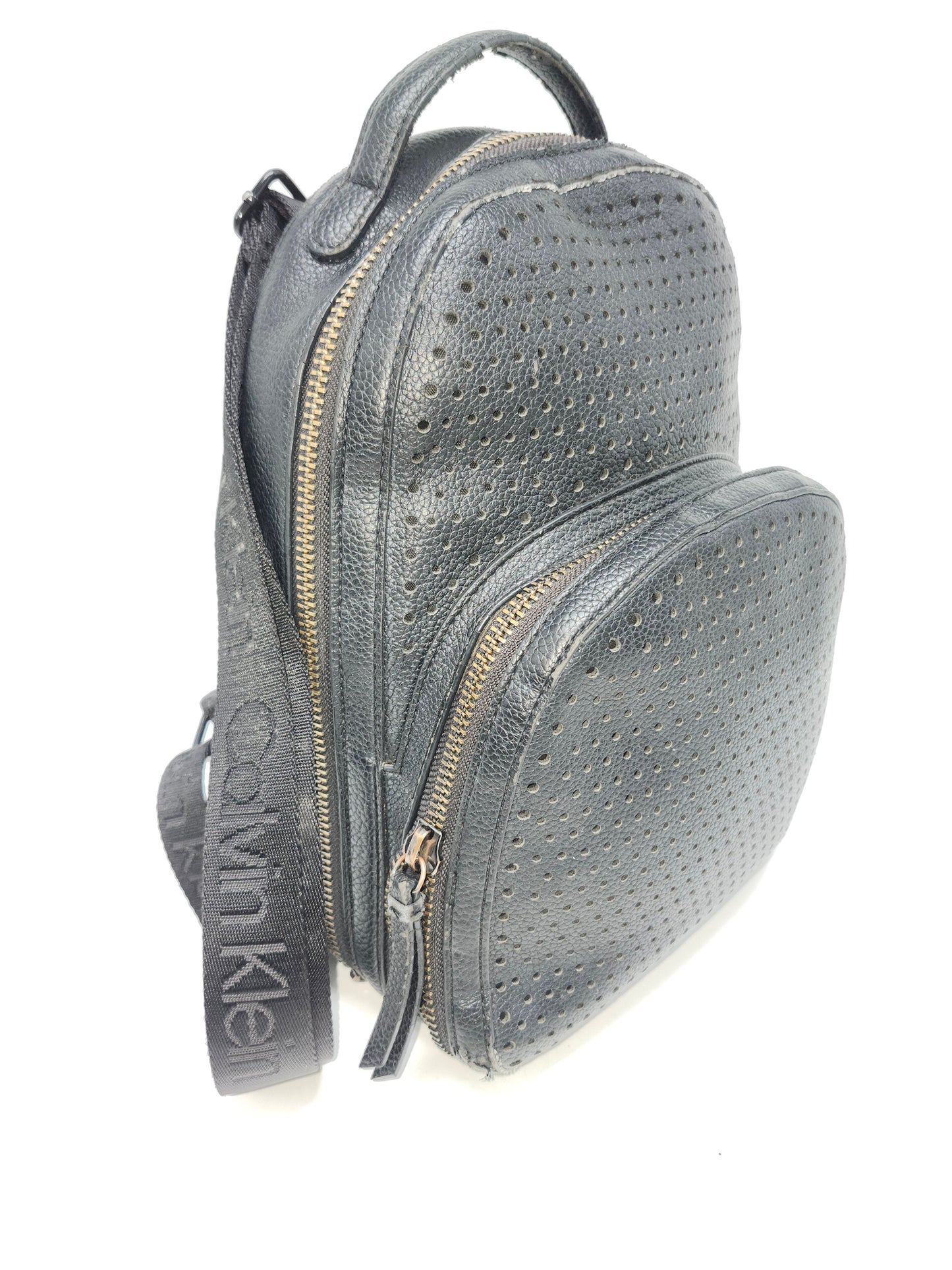Calvin Klein Perforated Black Leather Backpack with Branded Straps