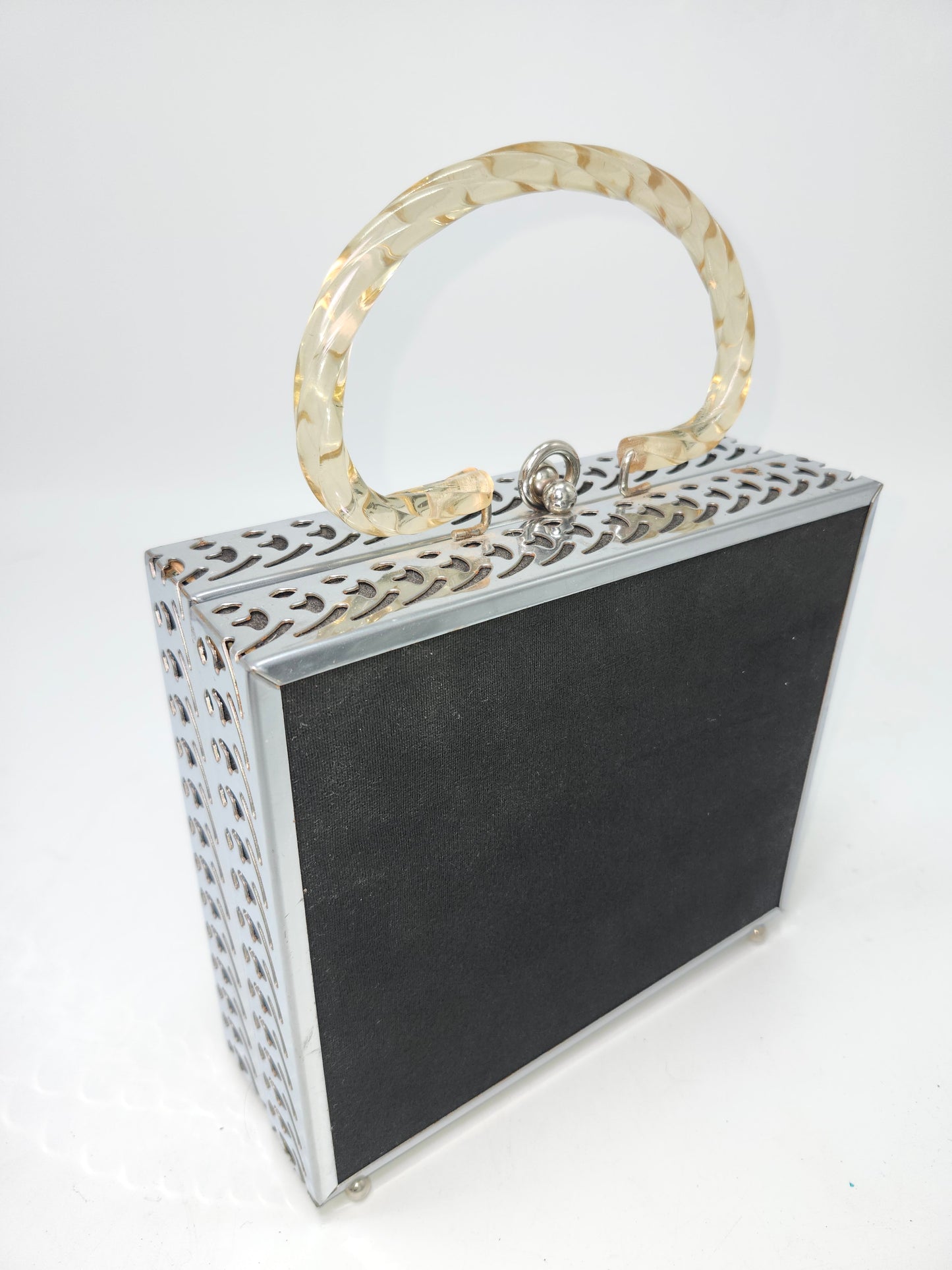 Lucite Handle Metal Cut-out Square Purse