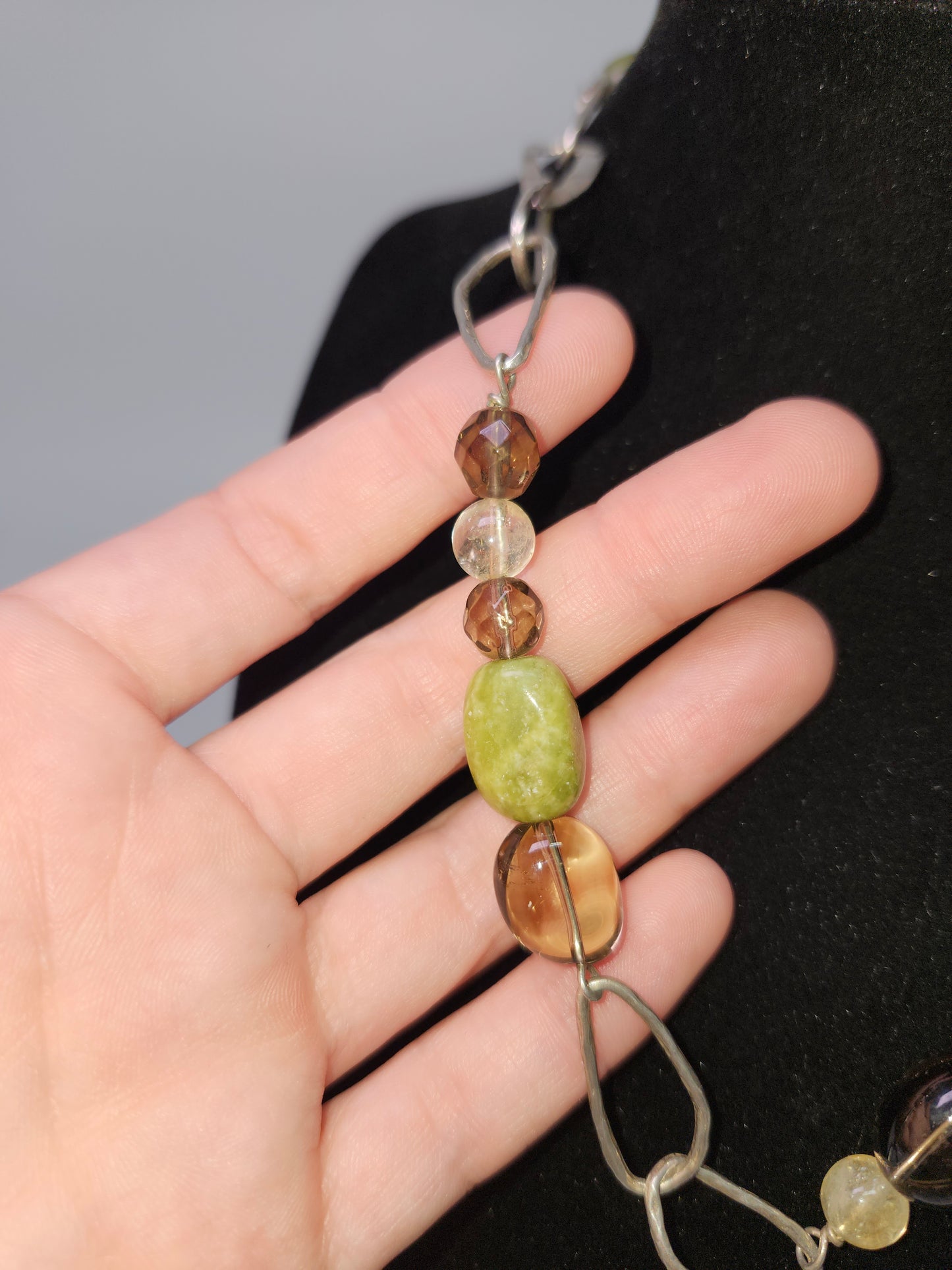 925 Sterling, Jade, Citrine & Smoky Quartz Necklace
