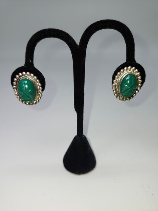 925 Sterling & Carved Green Onyx Tribal Screw-back Earrings