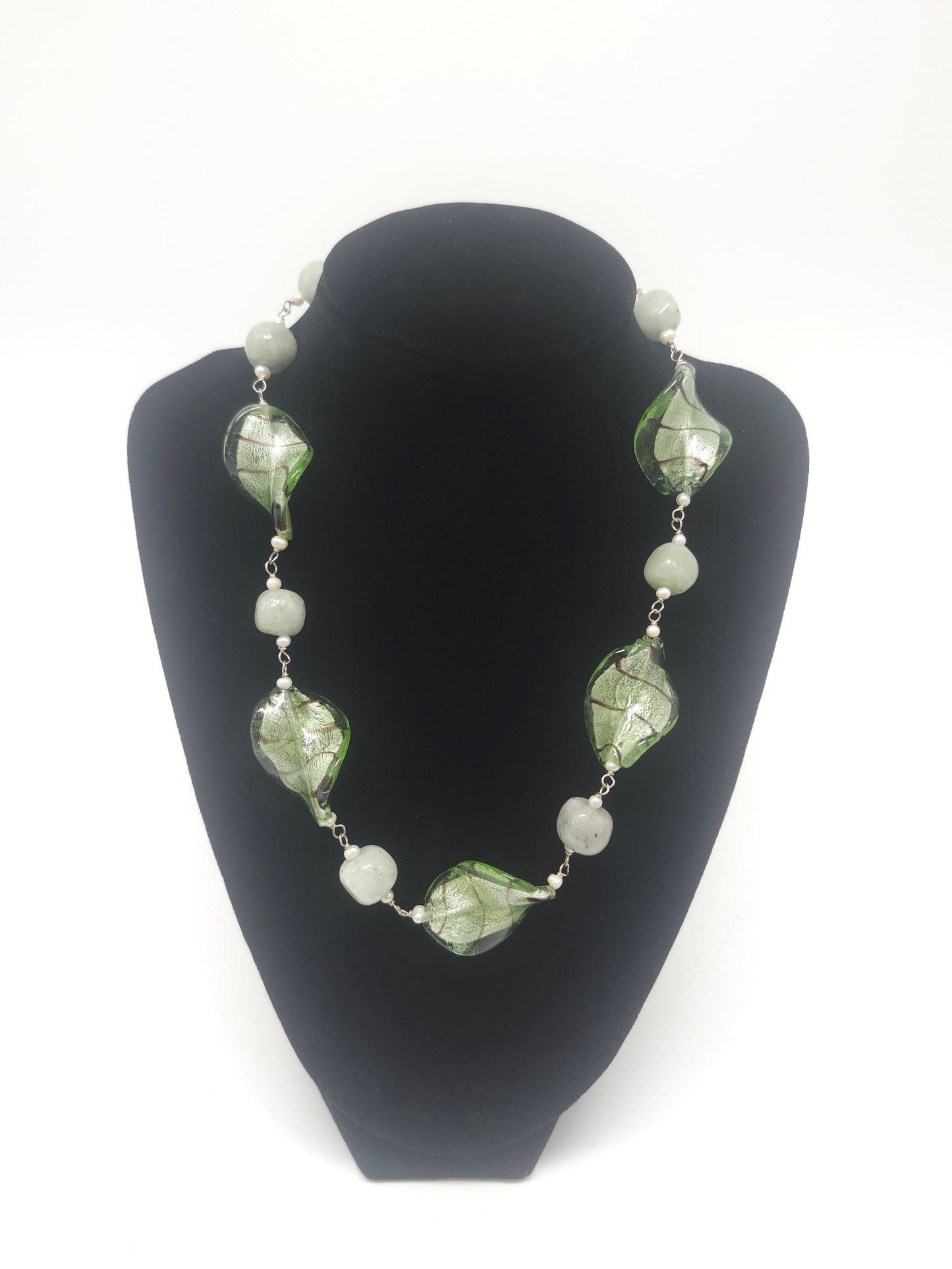 925 Sterling, Jade, Pearl & Twisted Glass Bead Necklace