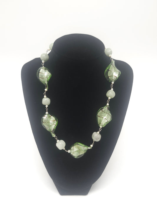 925 Sterling, Jade, Pearl & Twisted Glass Bead Necklace