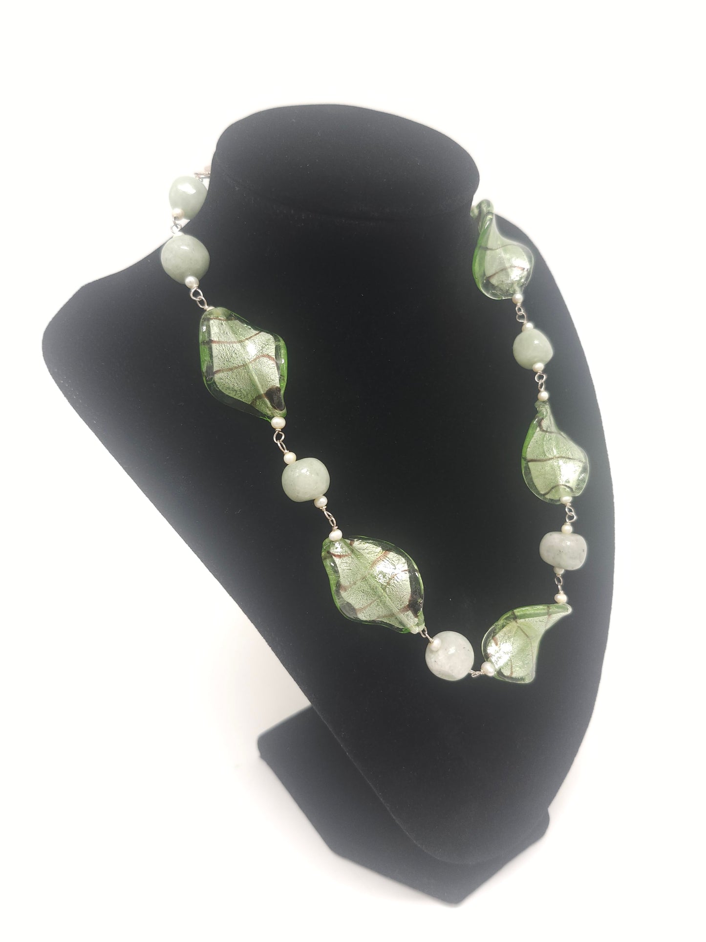 925 Sterling, Jade, Pearl & Twisted Glass Bead Necklace