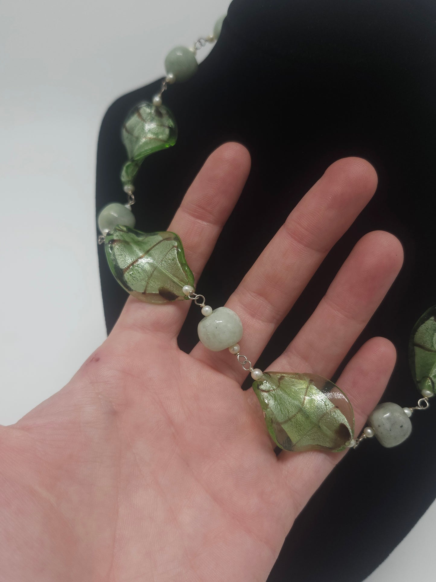 925 Sterling, Jade, Pearl & Twisted Glass Bead Necklace