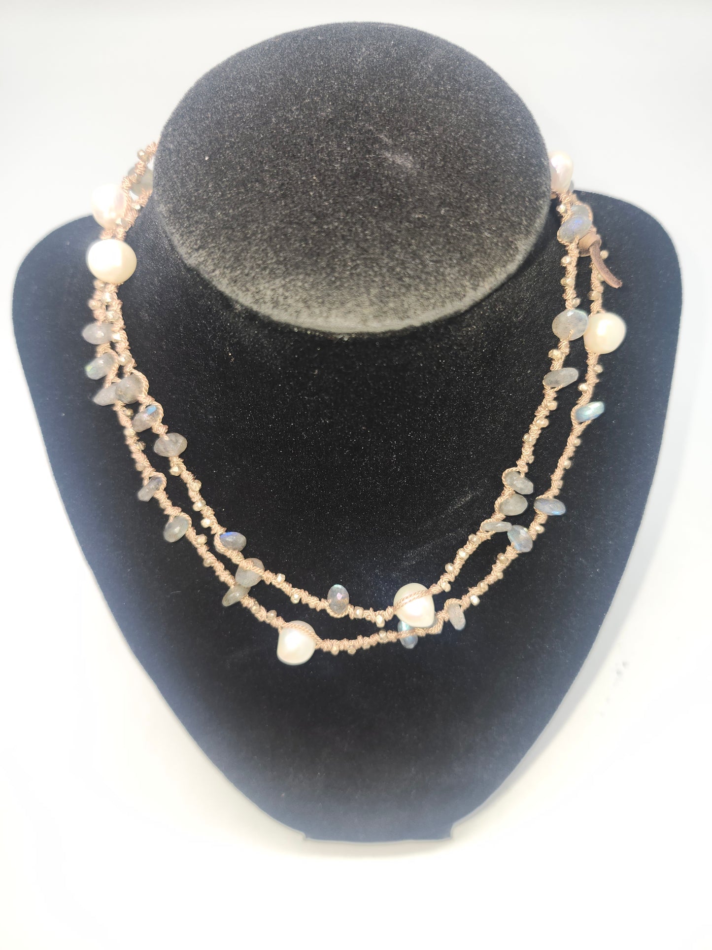 20+ Carats Labradorite & Freshwater Pearl Necklace on Braided Silk Cord