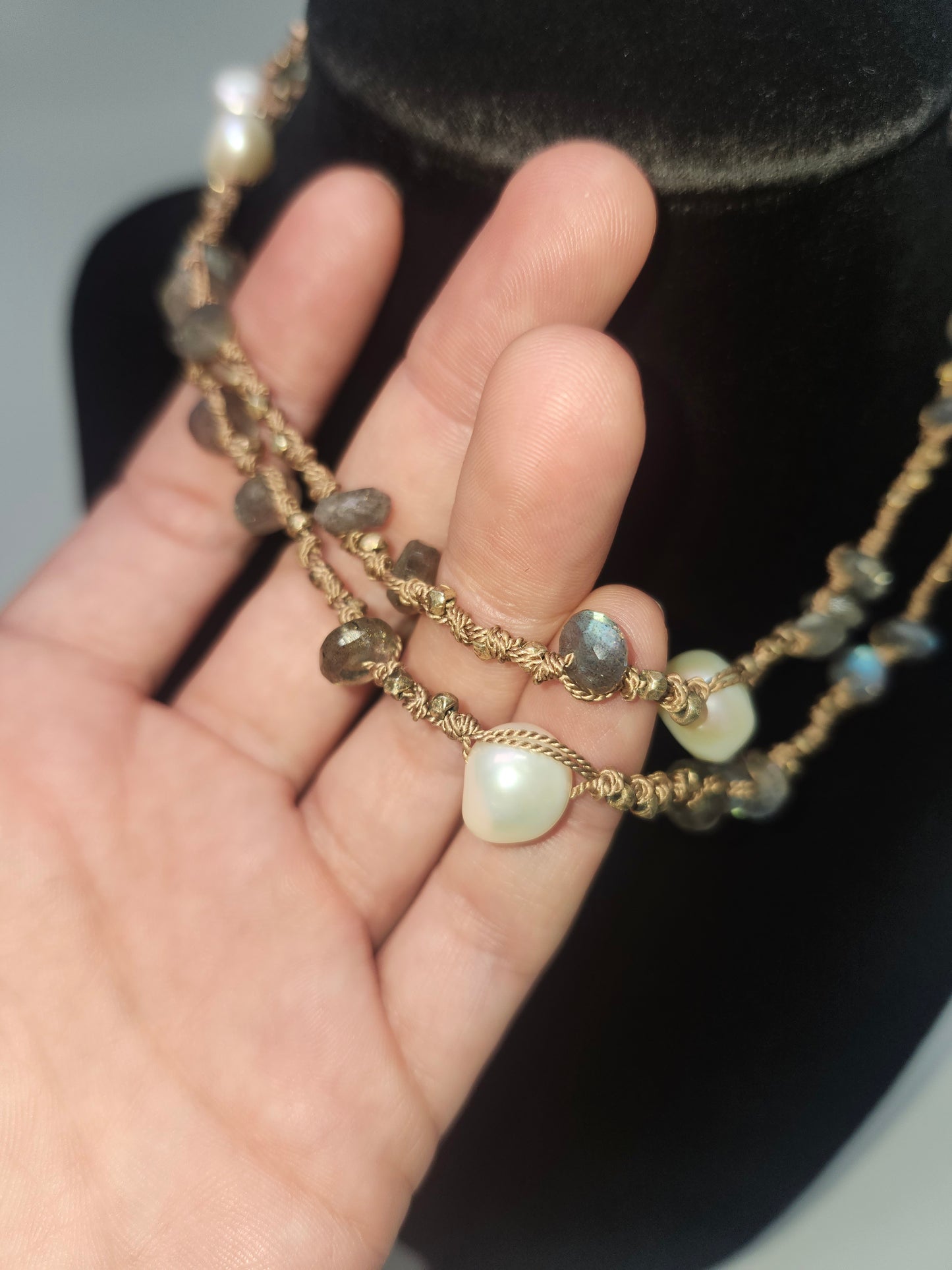 20+ Carats Labradorite & Freshwater Pearl Necklace on Braided Silk Cord