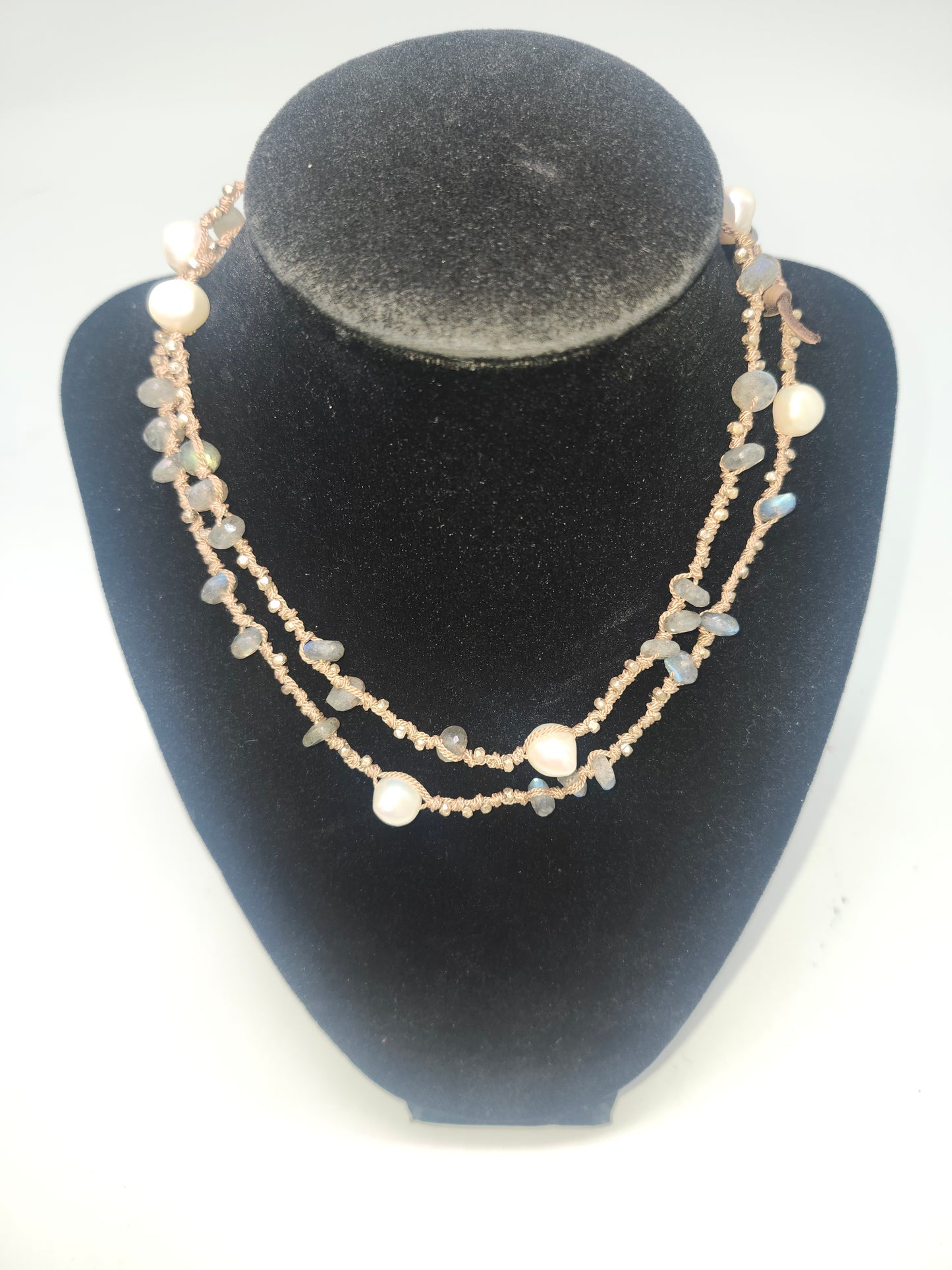20+ Carats Labradorite & Freshwater Pearl Necklace on Braided Silk Cord
