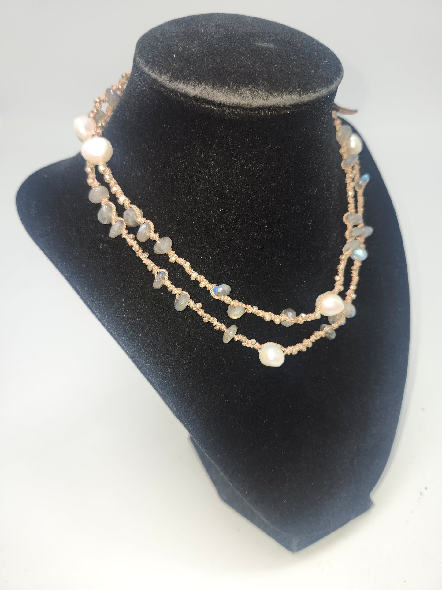 20+ Carats Labradorite & Freshwater Pearl Necklace on Braided Silk Cord