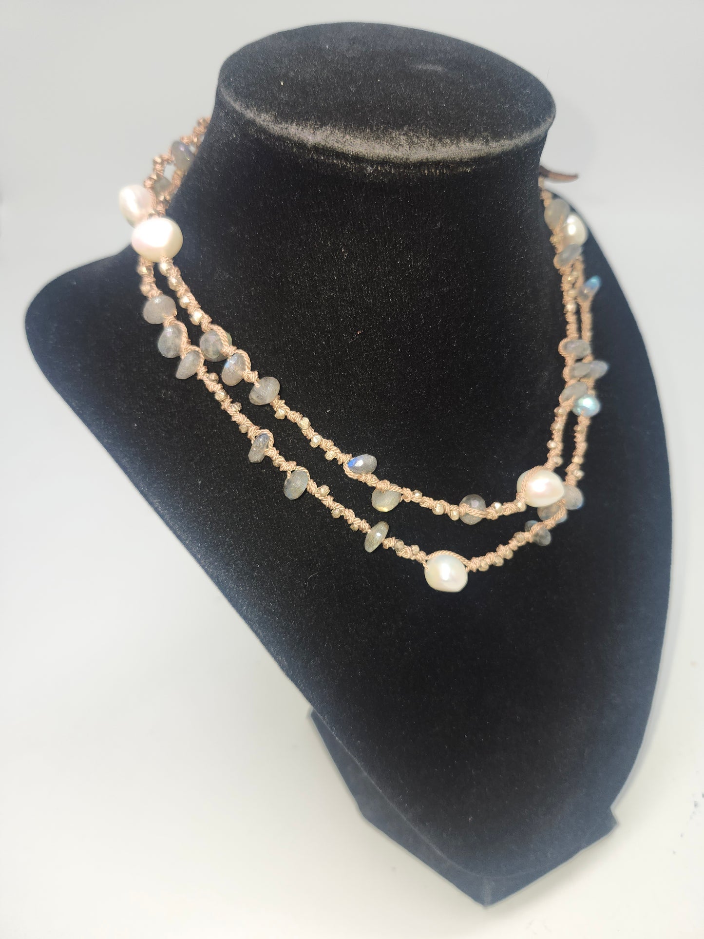 20+ Carats Labradorite & Freshwater Pearl Necklace on Braided Silk Cord