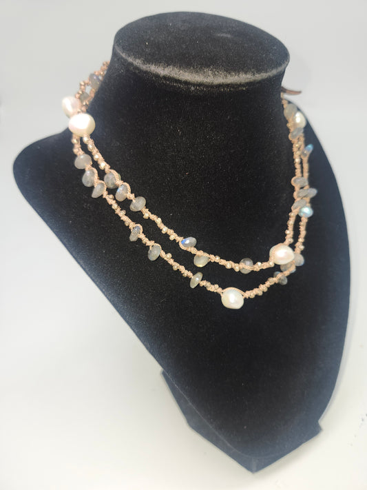 20+ Carats Labradorite & Freshwater Pearl Necklace on Braided Silk Cord