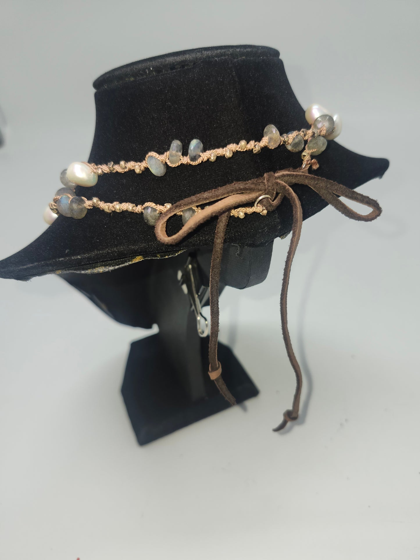 20+ Carats Labradorite & Freshwater Pearl Necklace on Braided Silk Cord