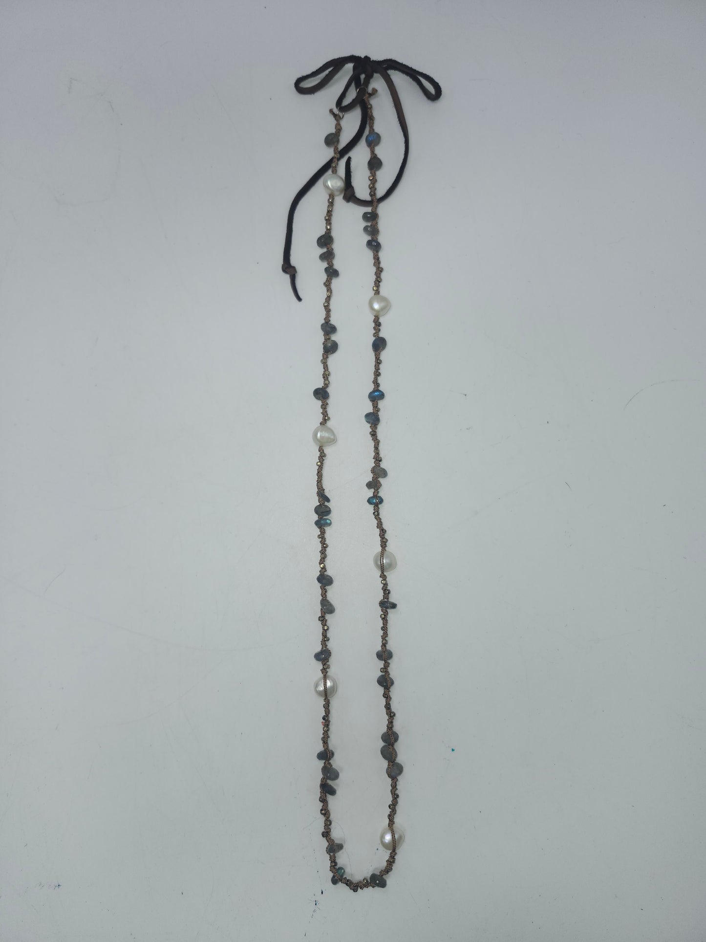20+ Carats Labradorite & Freshwater Pearl Necklace on Braided Silk Cord