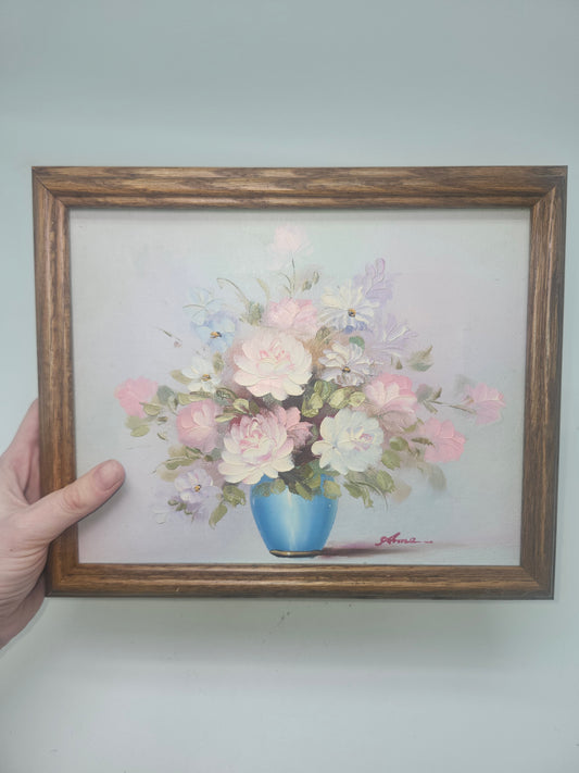 Vintage Hand Painted Floral Art in Frame, Signed