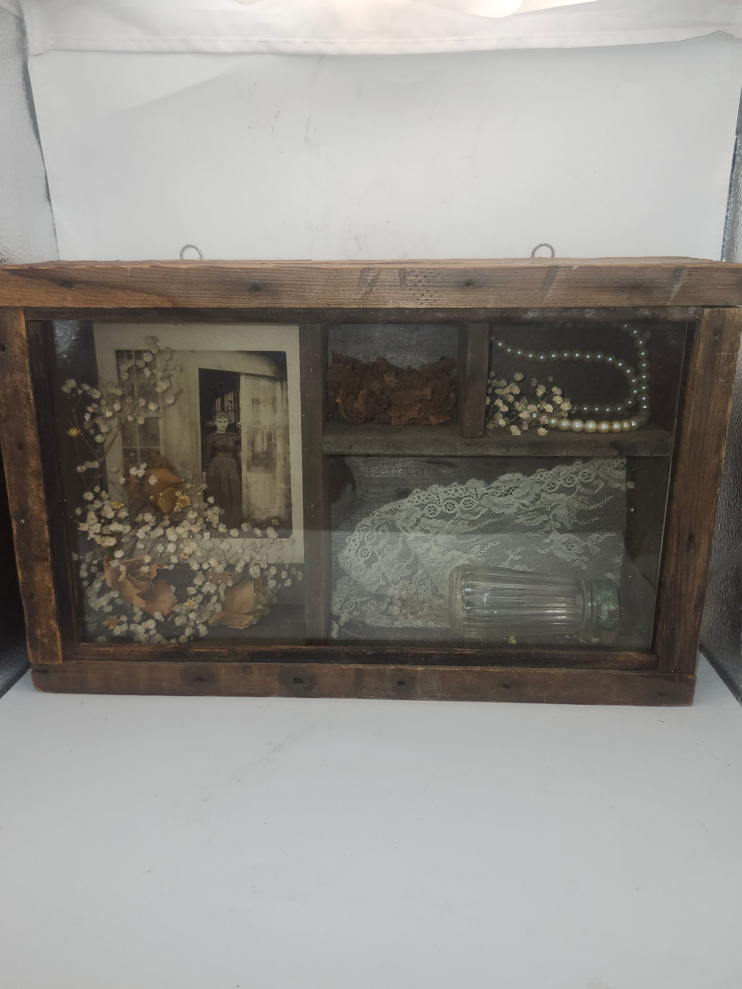 *Vintage/Antique* Shadowbox with Antique Ephemera, Jewelry, Florals & Lace