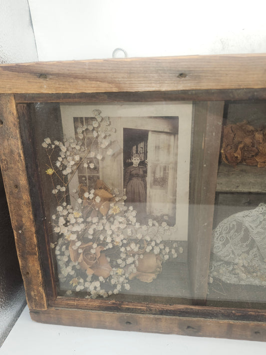 *Vintage/Antique* Shadowbox with Antique Ephemera, Jewelry, Florals & Lace