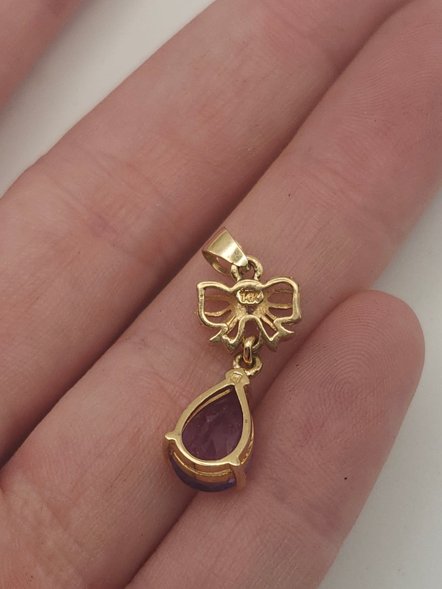 *14K* Gold, Diamond & Amethyst Bow Necklace Pendant