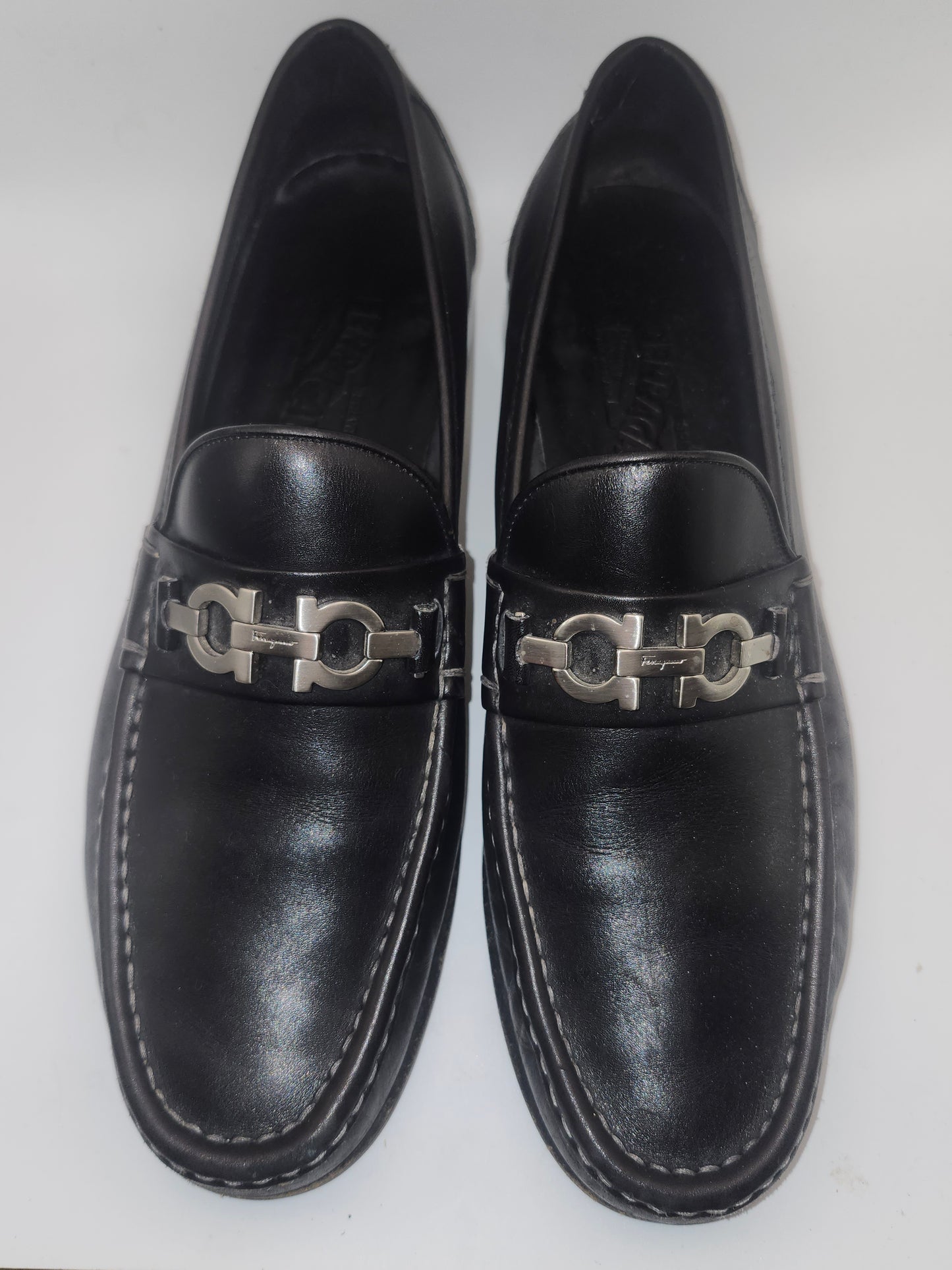 *Salvatore Ferragamo* Black Calfskin Loafers with Logo Buckles Size 9.5 Women's 9.5 NIB
