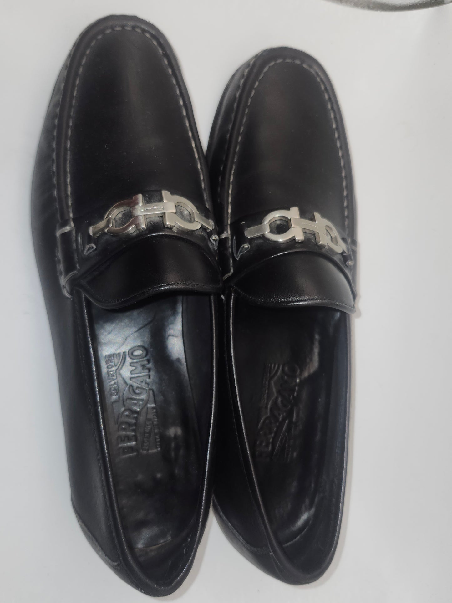 *Salvatore Ferragamo* Black Calfskin Loafers with Logo Buckles Size 9.5 Women's 9.5 NIB