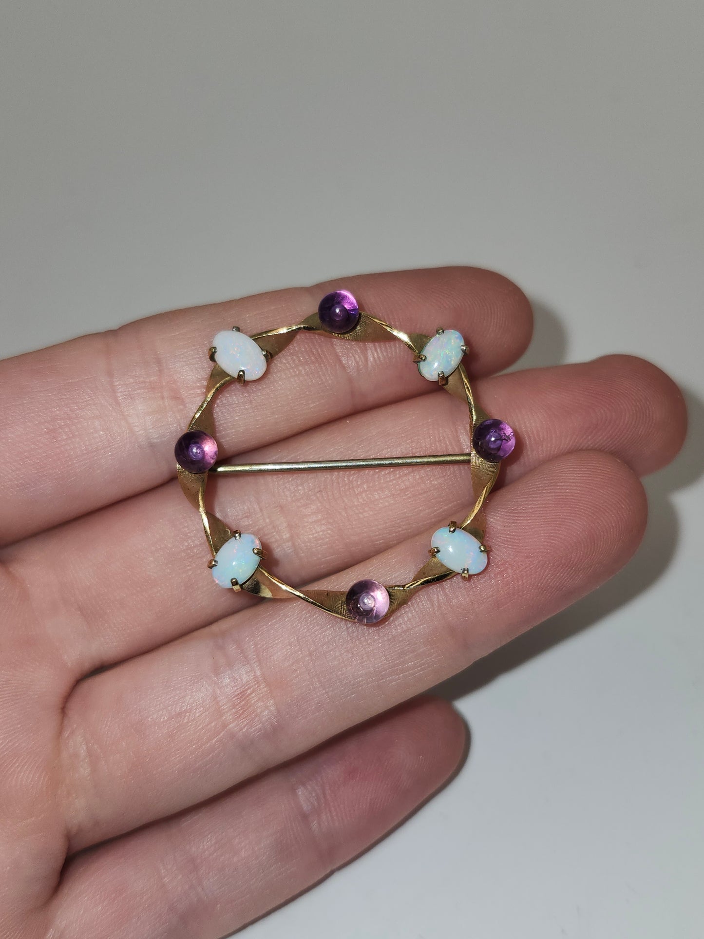 *14K Gold* Overlay Krementz Pin Brooch with Opals & Amethyst