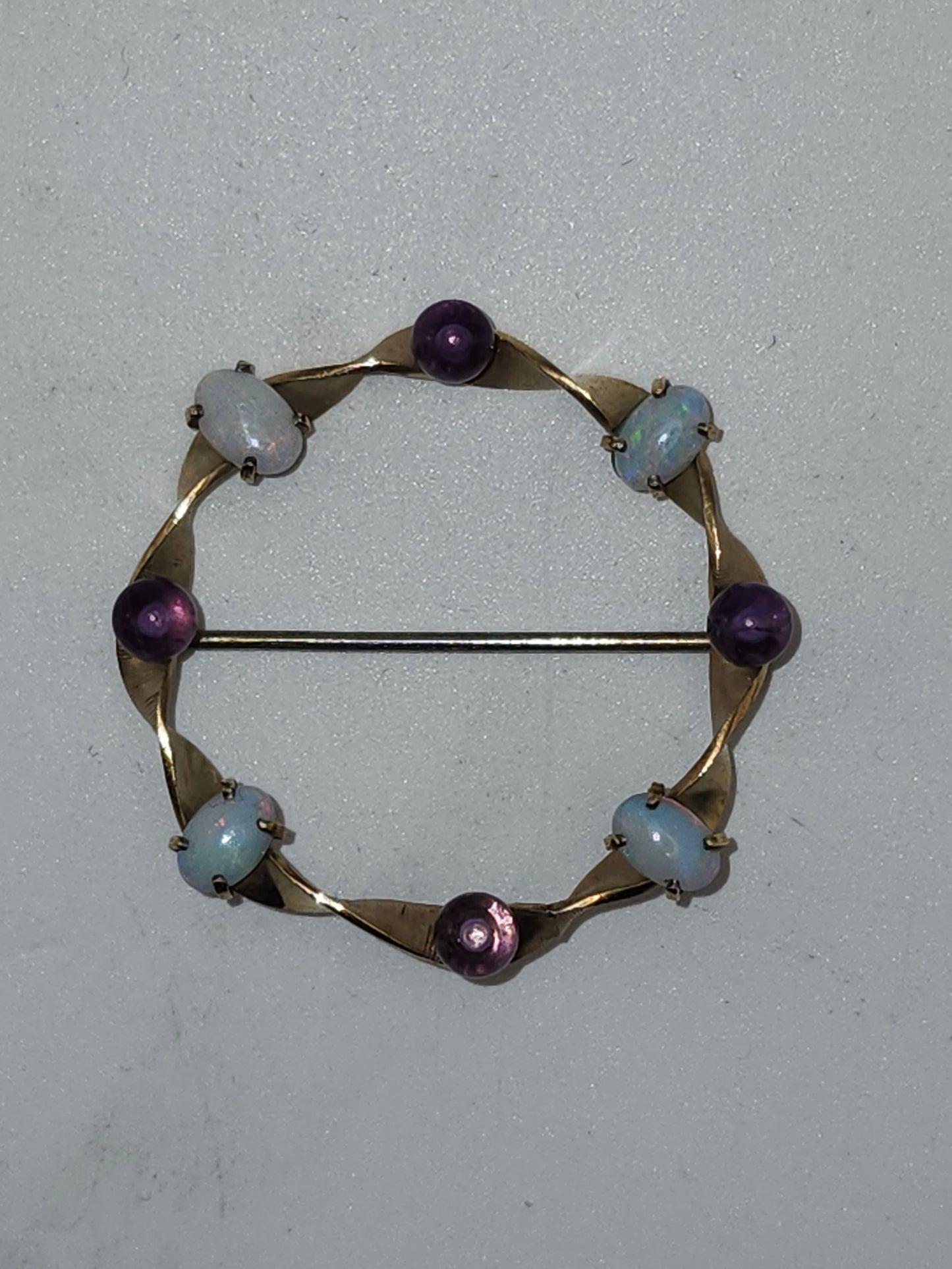 *14K Gold* Overlay Krementz Pin Brooch with Opals & Amethyst