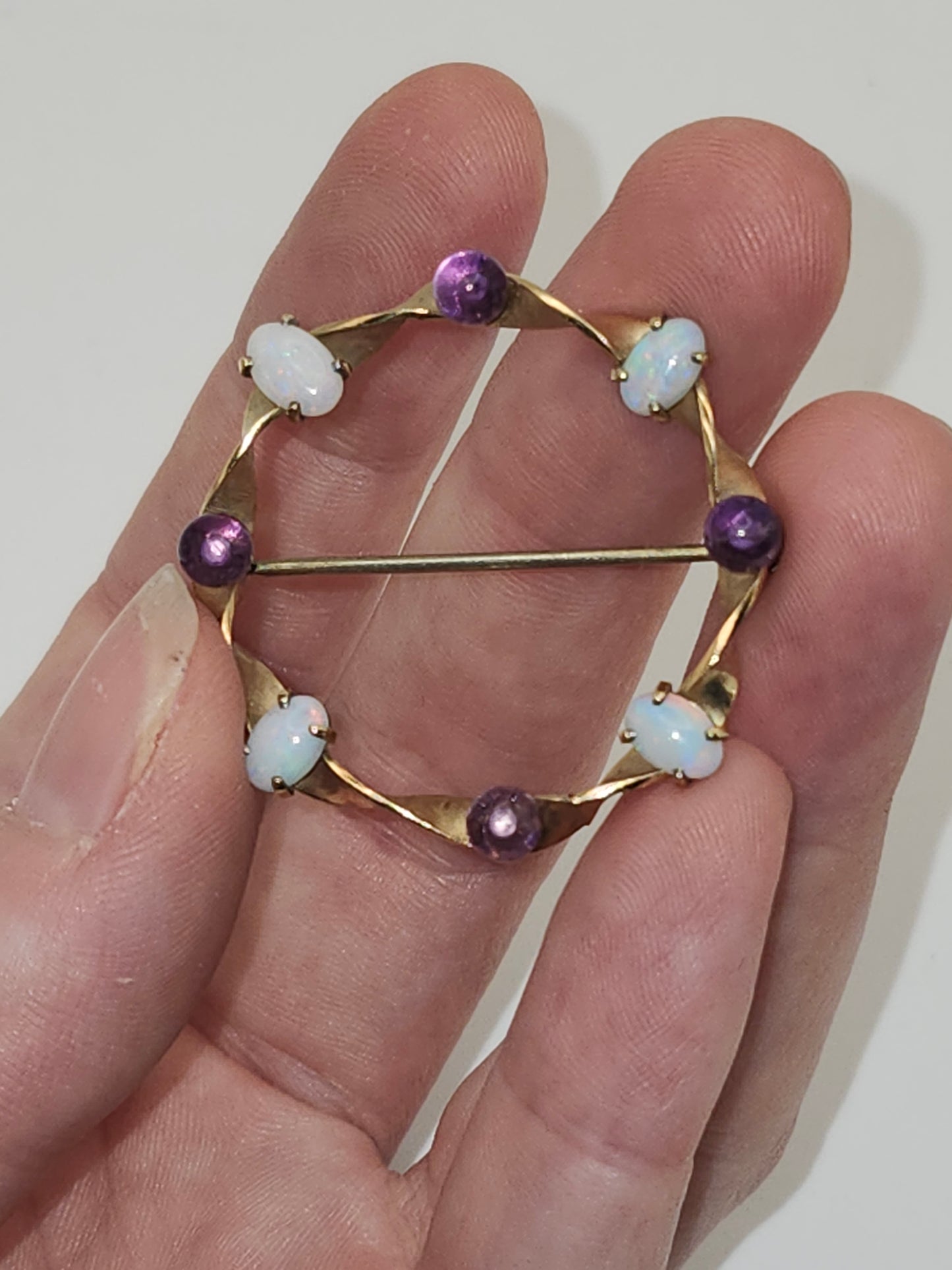 *14K Gold* Overlay Krementz Pin Brooch with Opals & Amethyst