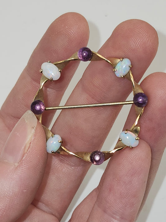 *14K Gold* Overlay Krementz Pin Brooch with Opals & Amethyst