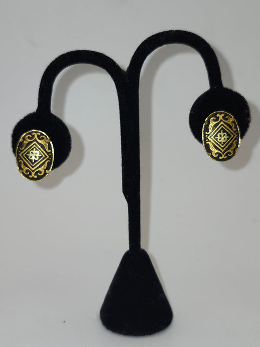 *14K Gold* Inlaid Damascene Style Clip On Earrings Vintage