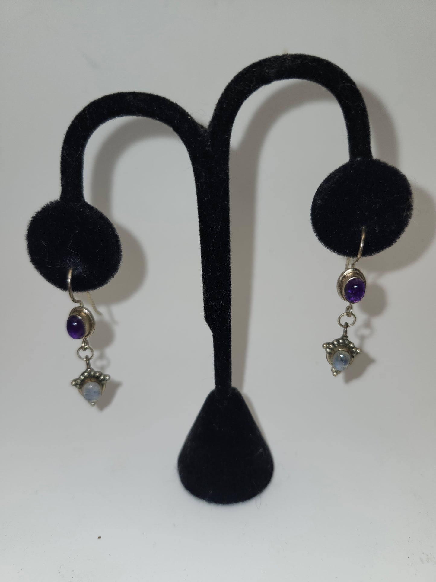 *925* Bezel-Set Sterling, Moonstone & Amethyst Earrings