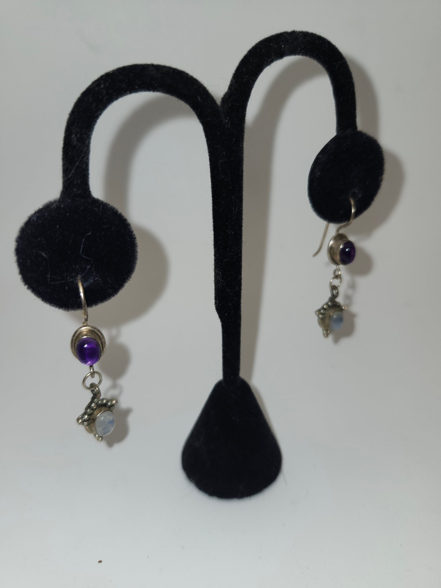 *925* Bezel-Set Sterling, Moonstone & Amethyst Earrings
