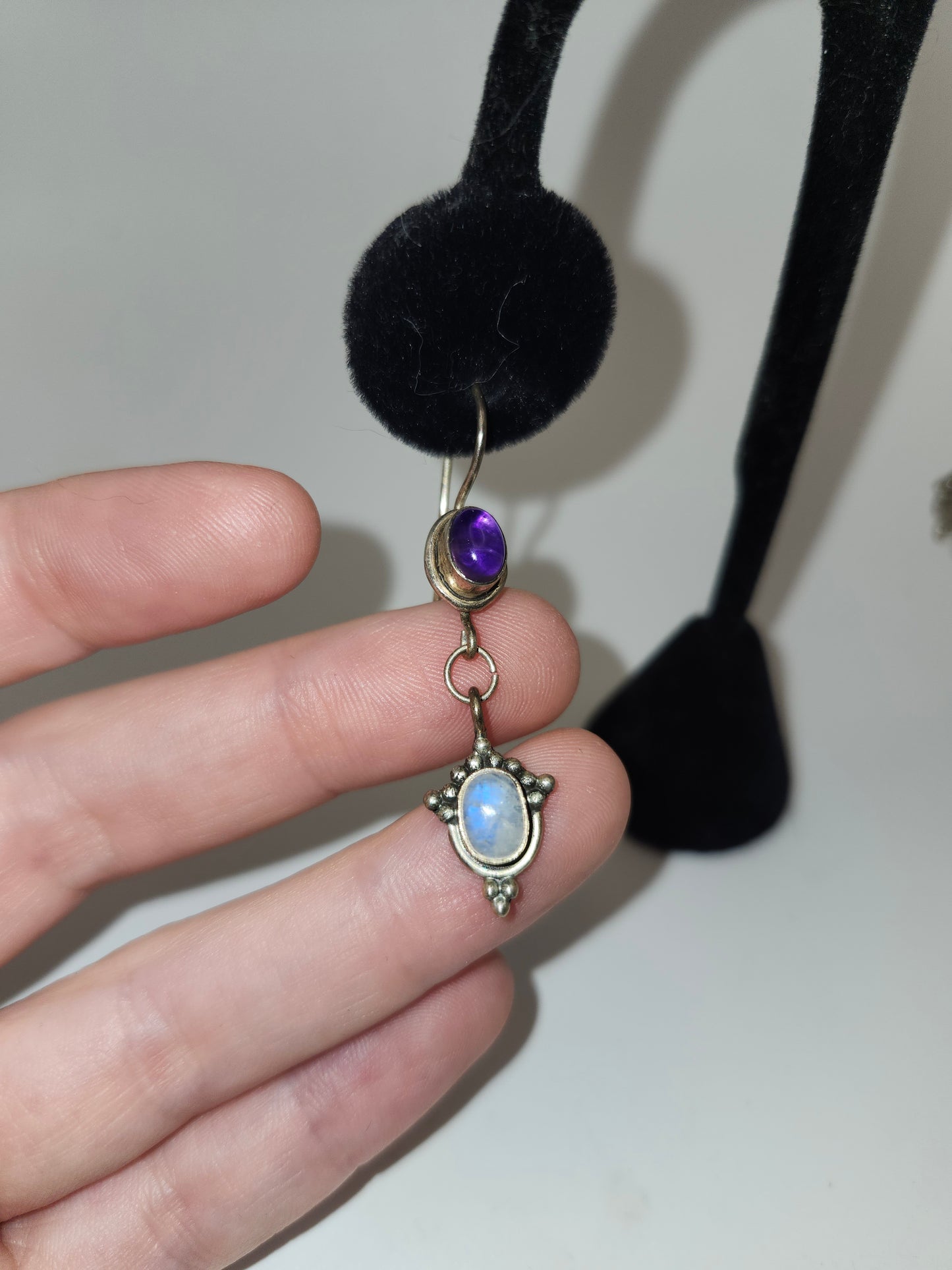 *925* Bezel-Set Sterling, Moonstone & Amethyst Earrings