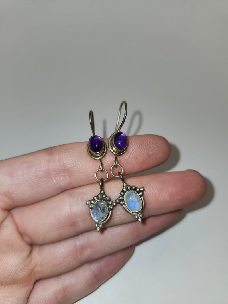 *925* Bezel-Set Sterling, Moonstone & Amethyst Earrings