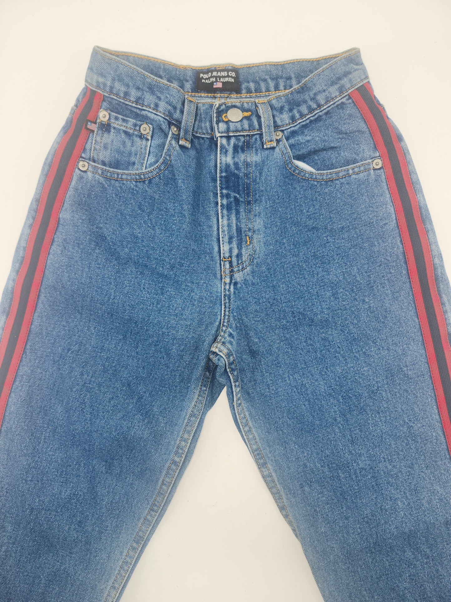 *Vintage* Ralph Lauren Polo Jean Co. Side Ribbon Striped Denim Trousers 1990s RARE