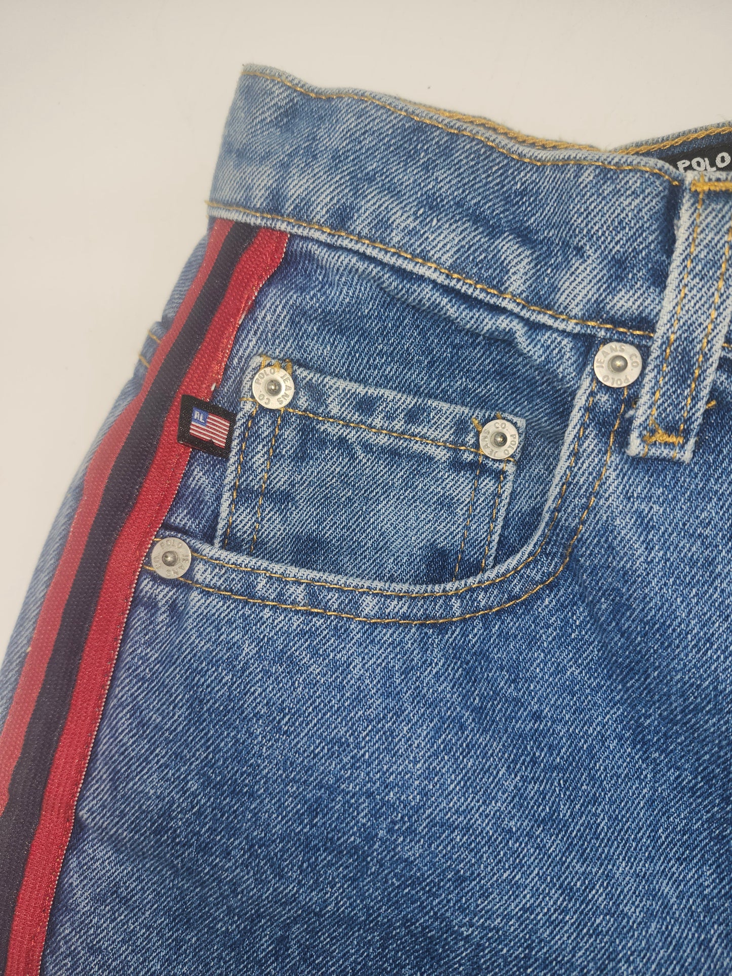 *Vintage* Ralph Lauren Polo Jean Co. Side Ribbon Striped Denim Trousers 1990s RARE