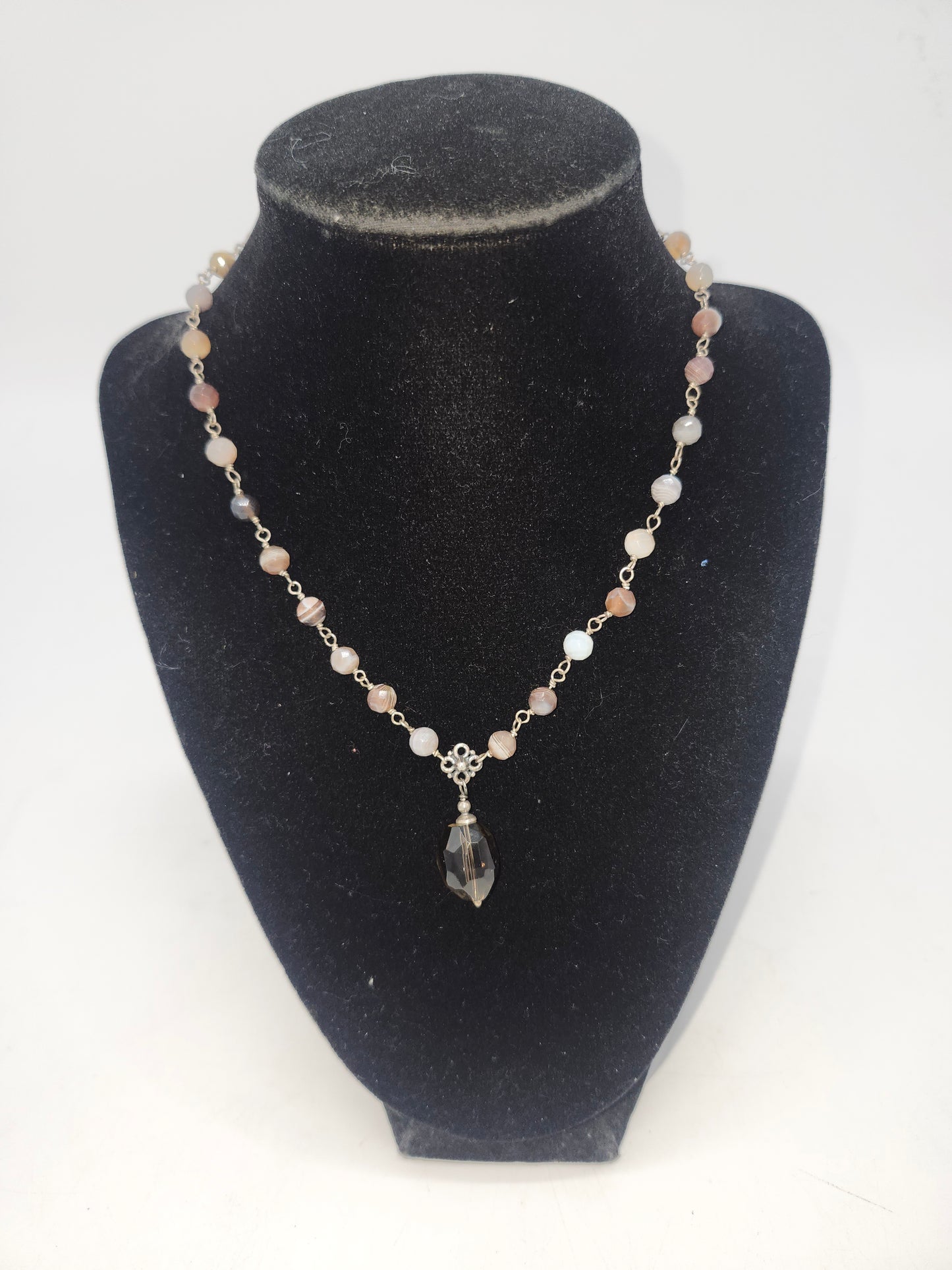 *925* Sterling Silver, Smoky Quartz & Polished Agate Beaded Necklace by Liza Shtromberg